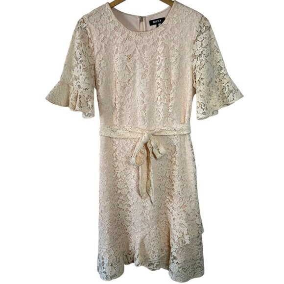 DKNY Blush Pink Lace Ruffle Dress Belted Short Sleeve Size 12 Cocktail Wedding - Picture 3 of 8